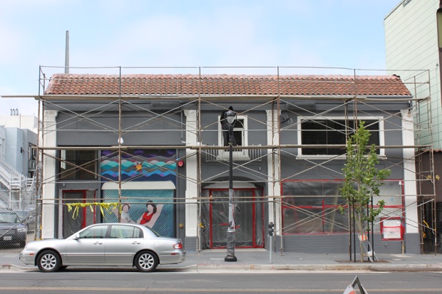 The facade of a building under construction. 