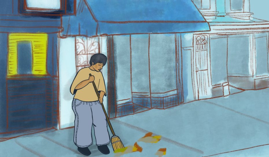 An illustration of Jackie sweeping the street.