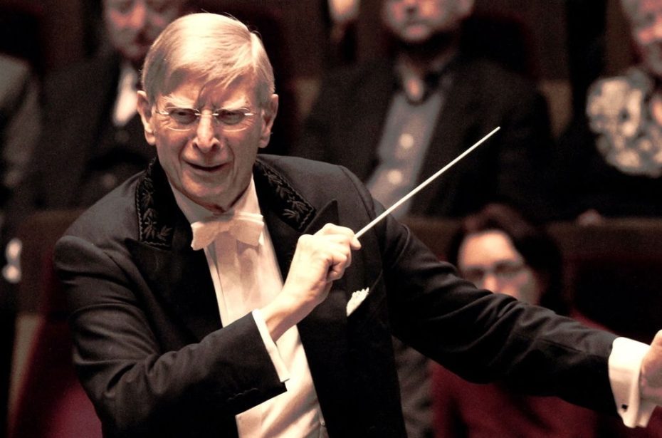 Conductor Herbert Blomstedt mid-performance.