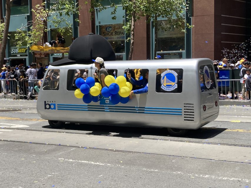 A Warriors themed mini BART car