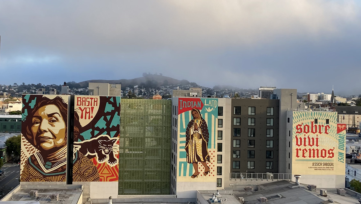 Three murals on Folsom, Yolanda Lopez, the Virgin and the words Sobre Vivire
