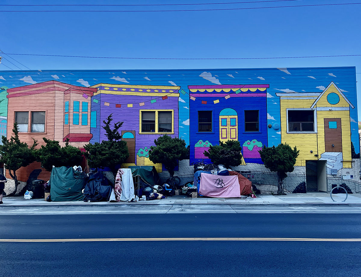 A camp and a mural of a SF Street