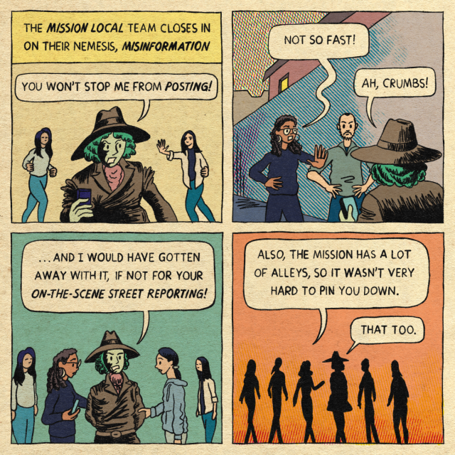 Cartoon of four boxes with figures talking about misinformation.