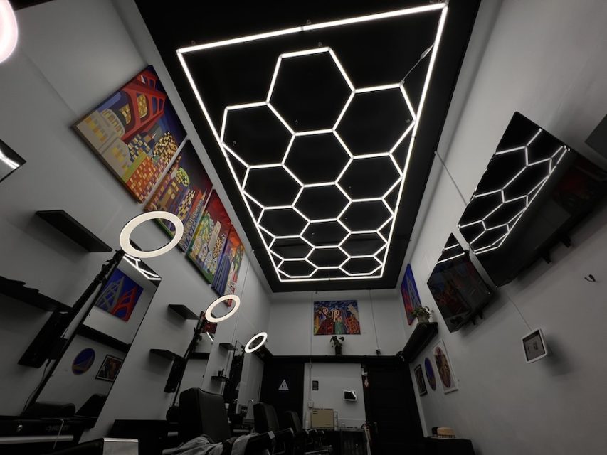 Interior of barbershop with neon lights