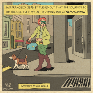 A cartoon of a woman with orange hair and a yellow jacket walking a dog across an empty street. The grating on the street has eyeballs looking up.