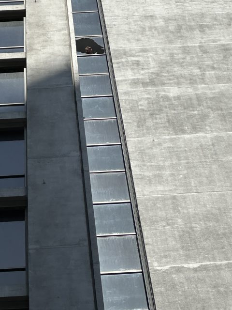 Broken window at Fox Plaza.