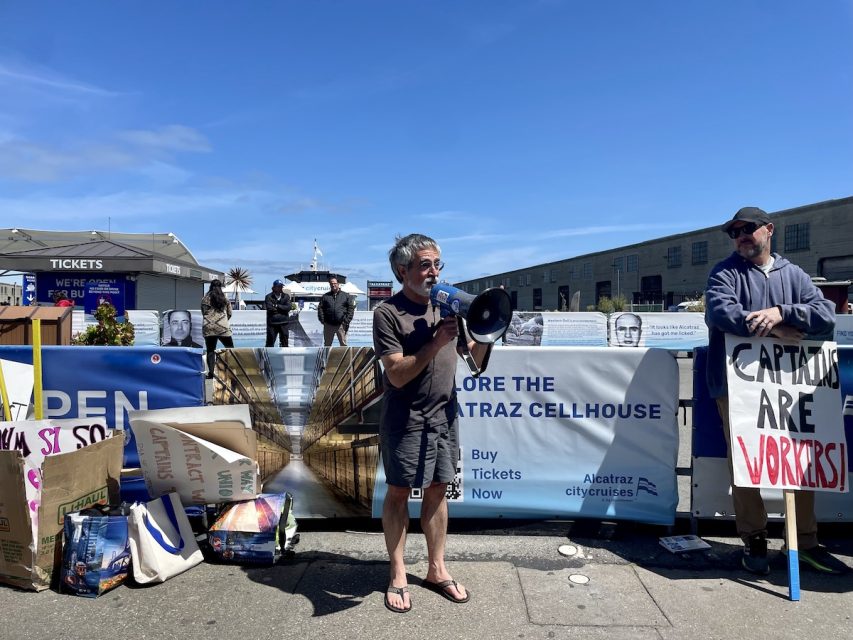 A person is speaking with a megaphone