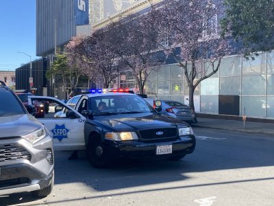 A police car with an open door and lights illuminated.