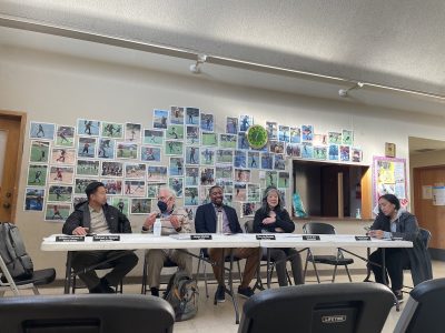 Board members Nguyen, Wechter, Brookter, Soo, and Afuhaamango at the Crocker Amazon Clubhouse. Taken Apr. 11, 2023. Photo by Christina MacIntosh.