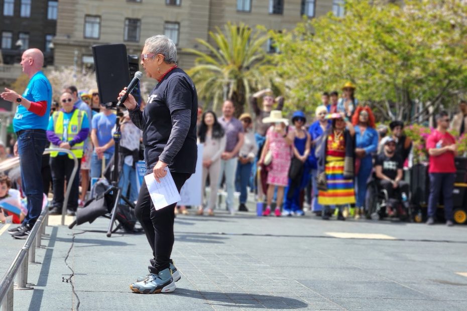 Longtime activist Olga Talamante speaking to the crowd at Union Square.