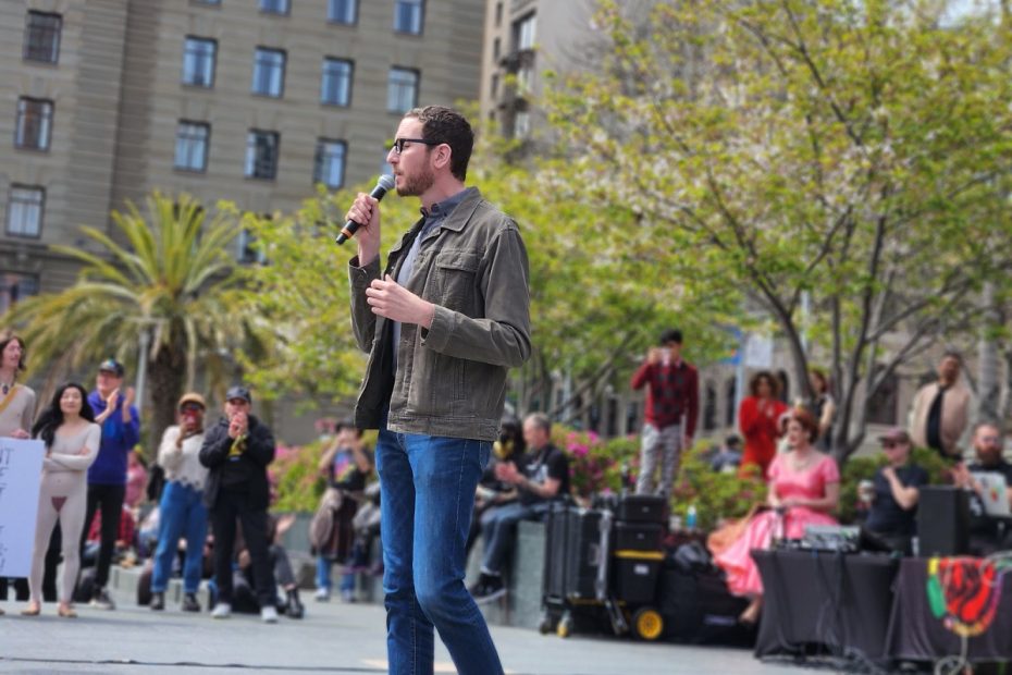 State senator Scott Wiener speaking at Union Square.