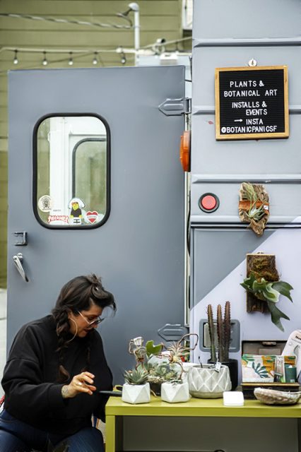 A woman sitting at a desk surrounded by botanicals.