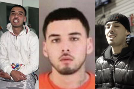 Composite image of Javier Campos, left to right: Him wearing a white hoodie white teeth barred, him in an orange suit as part of a booking photo, him in a black parka and beanie.