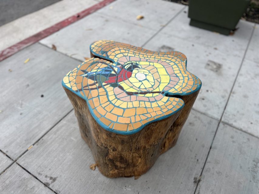 mosaic bird tile stump sidewalk