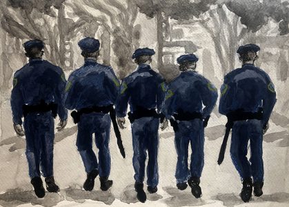 illustration of five police officers with their back to us walking down a street
