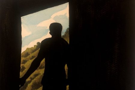 A man's silhouette in front an an open window. For an article about police settlements.