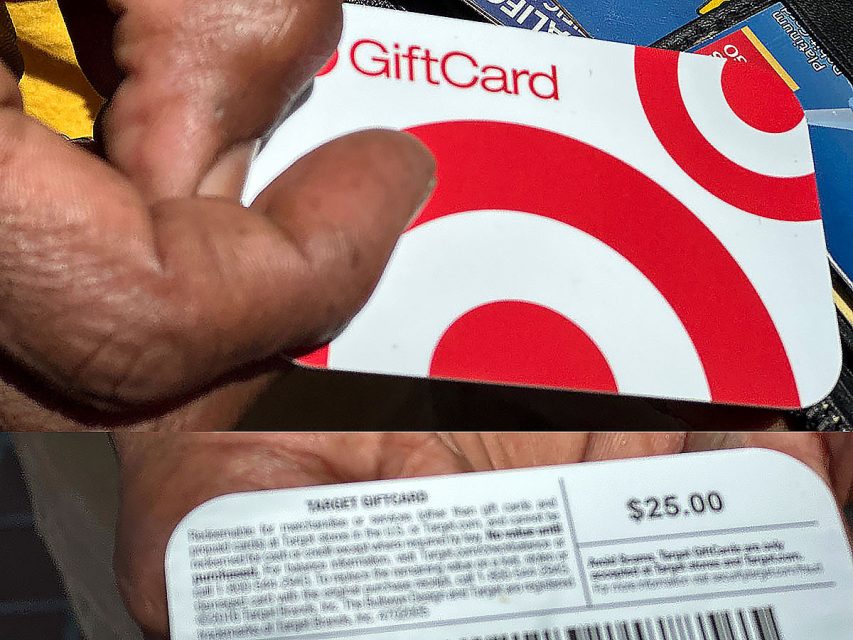 The back and front of a target gift card, the back showing the amount of $25.