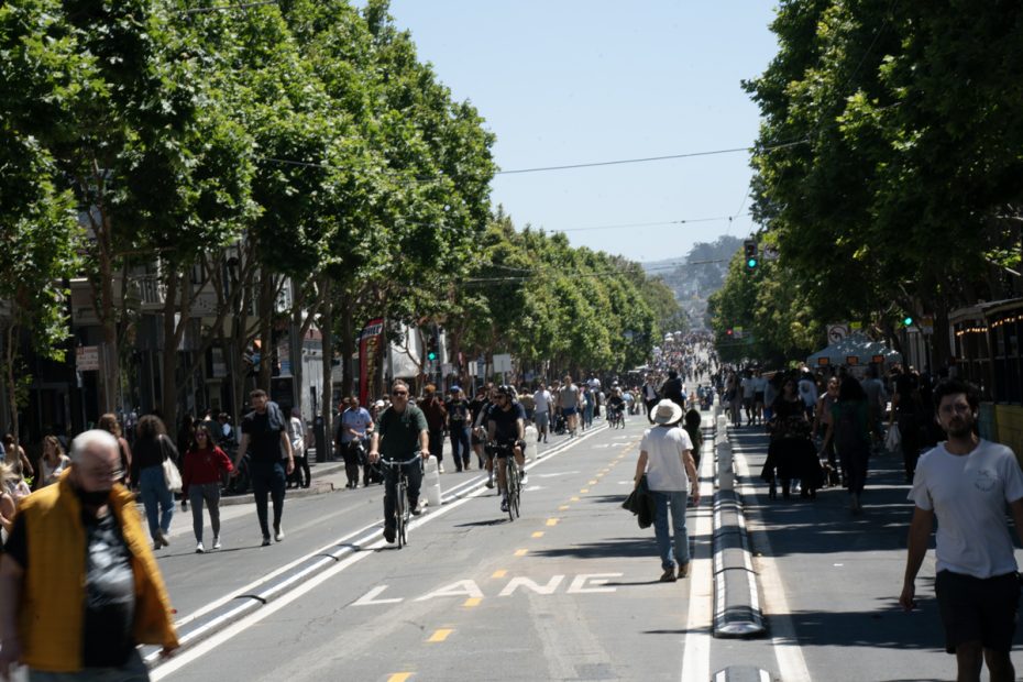 Pedestrians and no cars on a commerical street.