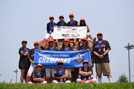 The Bay Sox u12 and u14 teams pose with their championship banners.
