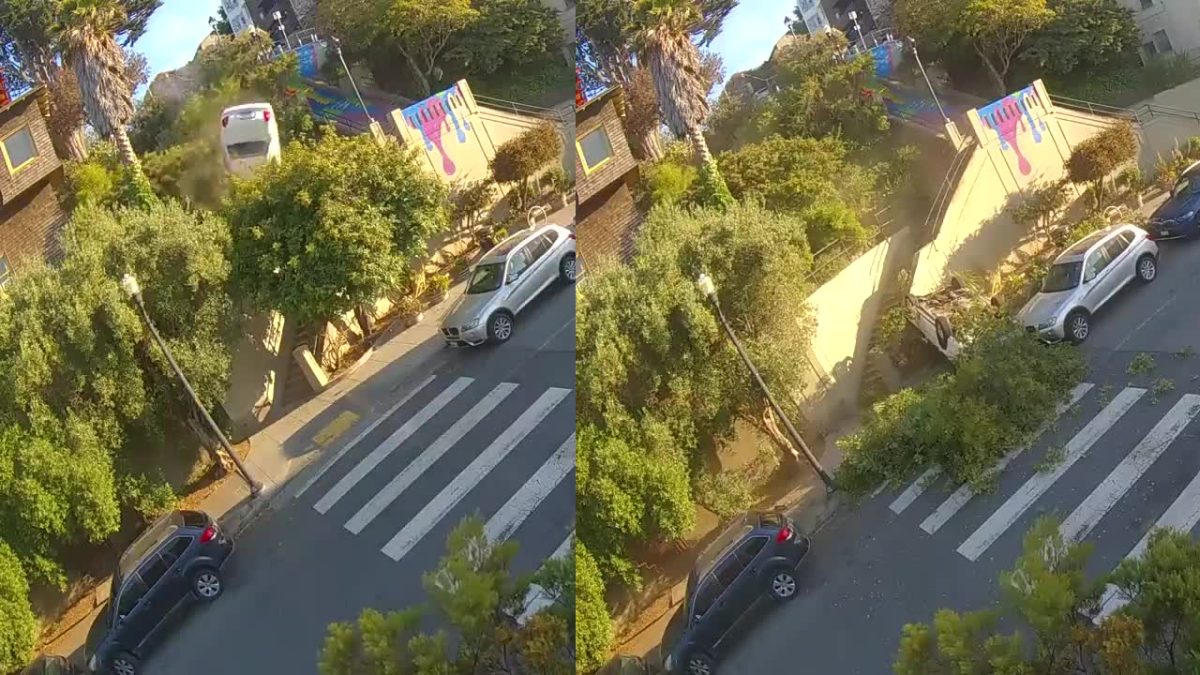 Video: Car speeds off Sanchez stairs, flips in mid-air, crushes tree