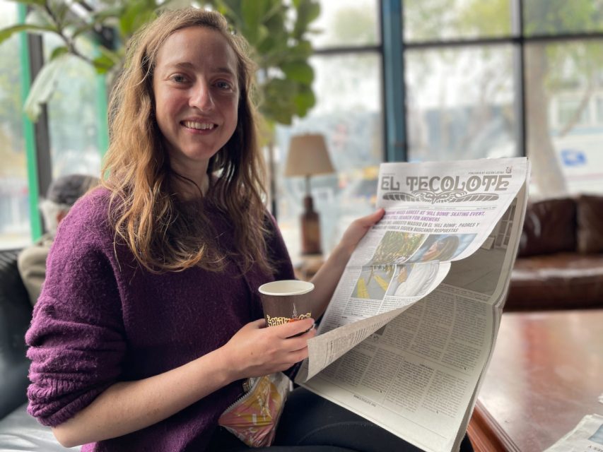 Kathleen, a customer, reading El Tecolote at the Philz Coffee store on 24th and Folsom streets.