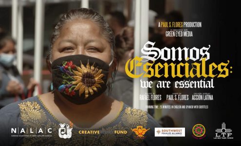 A woman with a facemask and on th right side publicity for a movie.