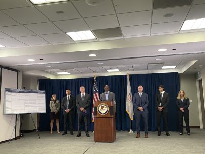 District Attorney Ismail J. Ramsey addresses the room in his announcement at Phillip Burton Federal Building.
