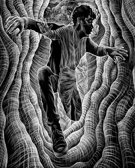 A young man in black and white, coming through what looks like a forest in black and white.