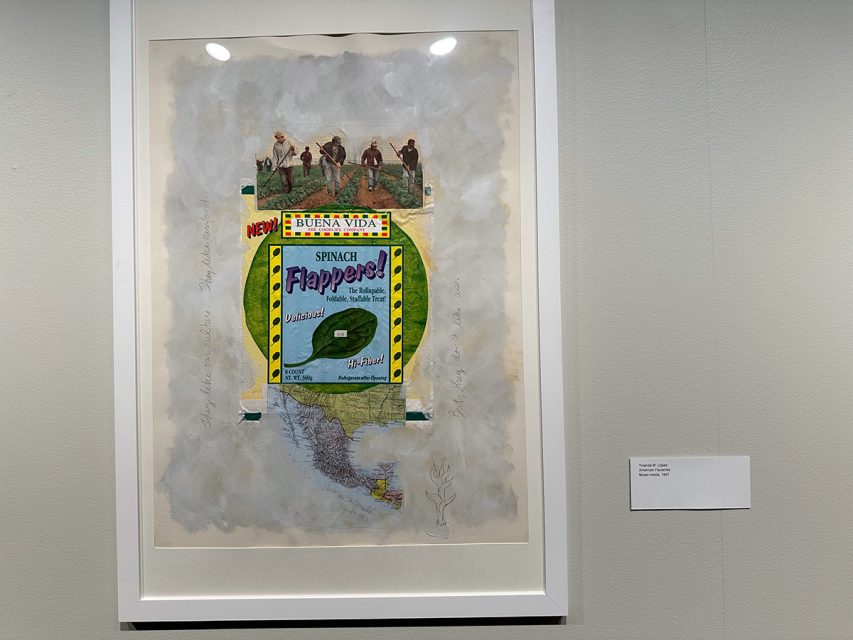 A cut out of farm workers, another cut out of buena vida logo and Spinach flappers against ta map.