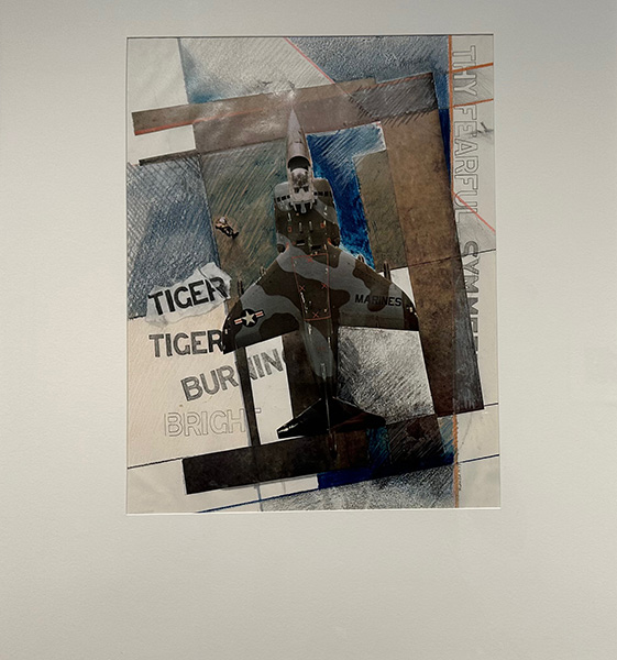 A Collage with a fighter jet and some words, tiger tiger burning bright.