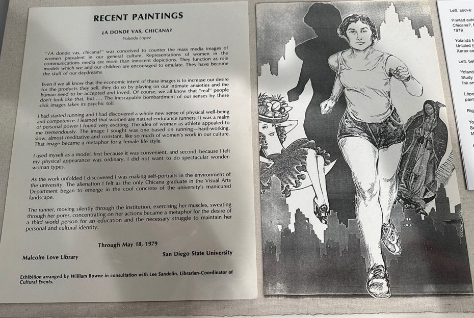 One side with text, the other side with a young woman running forward leaving in her wake a woman with a fruit hat and an image of the Virgin of Guadalupe.