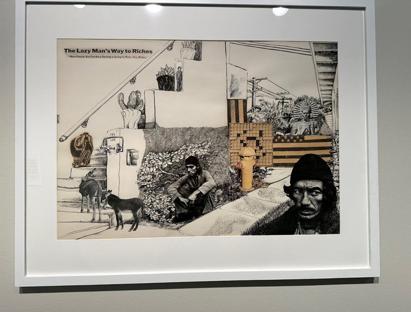 collage with two dogs, some steps with cactus, a crossword puzzle near a hydrant and a mayan statue in the back.