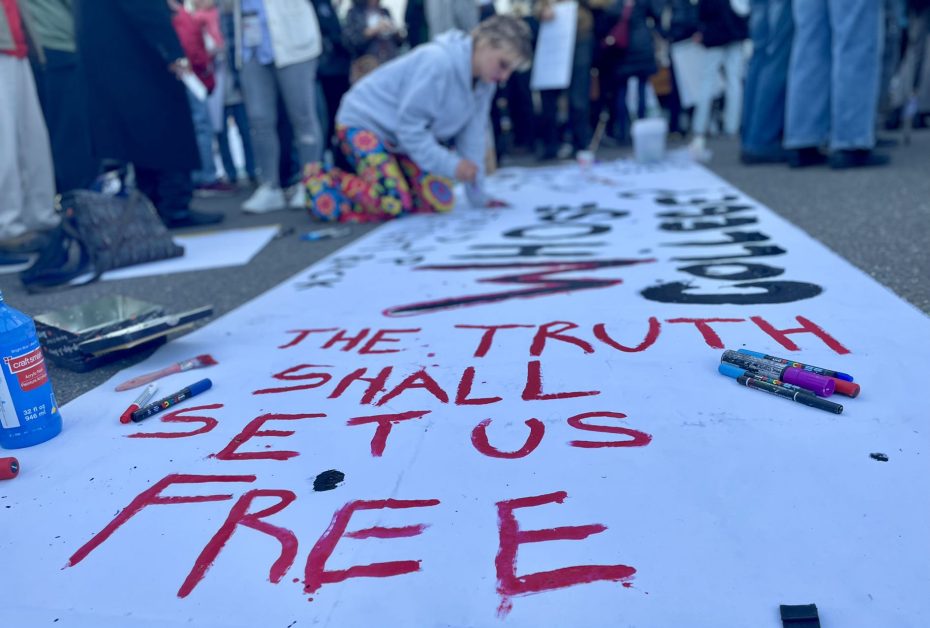 A City College of San Francisco banner emphasizing that the truth shall set us free.