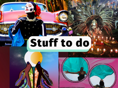 a collage of Dรญa de los Muertos event posters