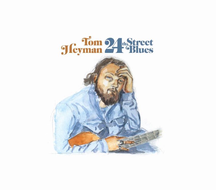 Oil painting of Tom Heyman in a blue shirt holding a guitar.