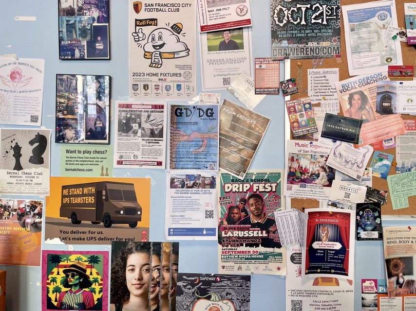 A Philz bulletin board with a lot of posters on it.