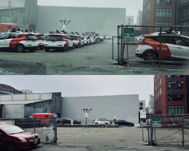 Two pictures of cars parked in front of a building.