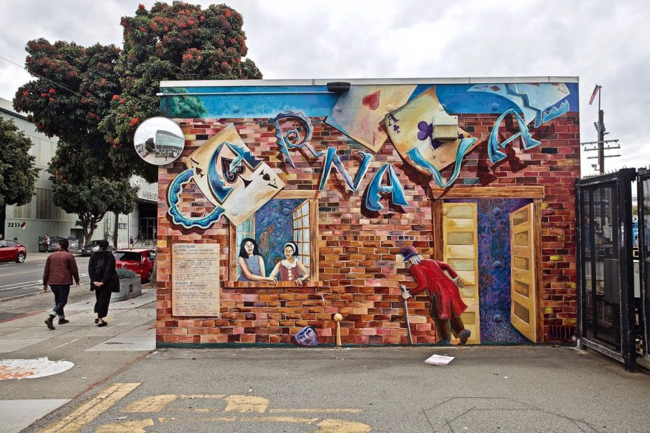 Two persons walking past wall art of people running out of a door while two others standing at the window.