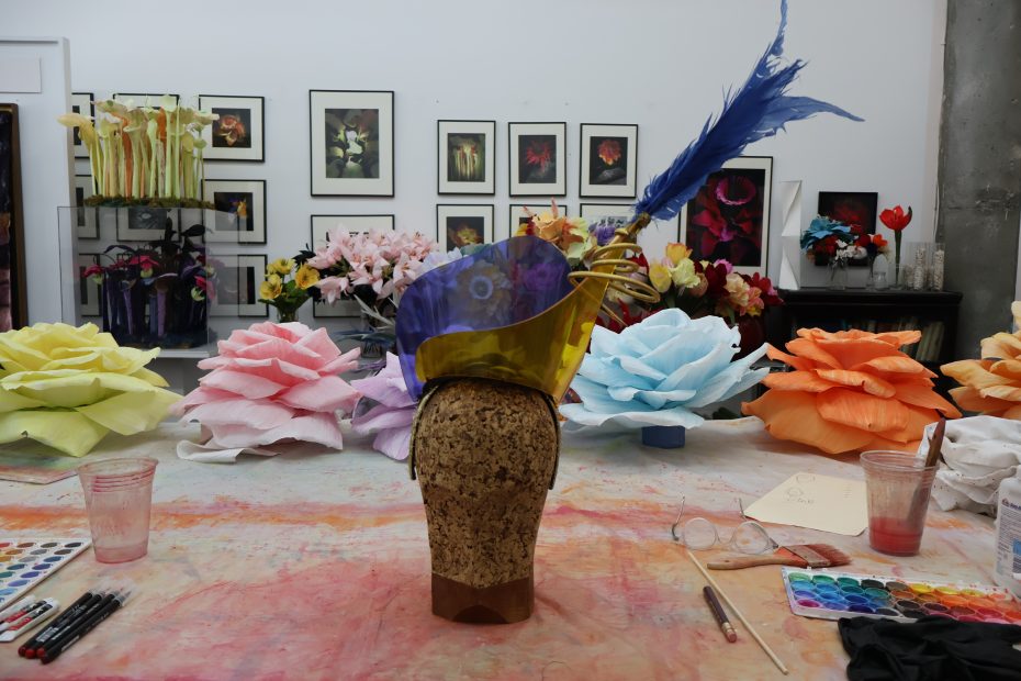 A hat with a feather on it is sitting on a table.