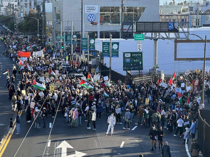 A large crowd of marchers going down South Van Ness Avenue in the Mission after occupying the Central Freeway.