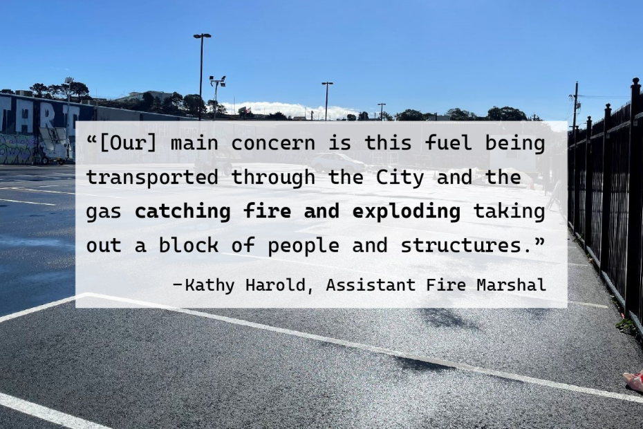 A parking lot with a quote that says the main concern is the feeling of being transported through the city and the gas.