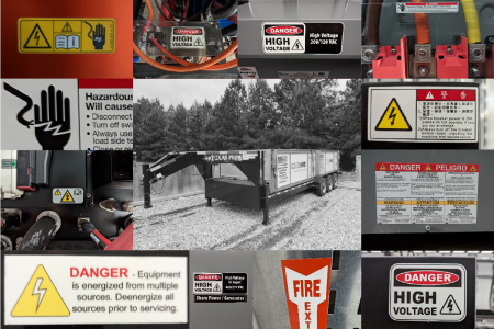 A collage of various safety signs and labels.