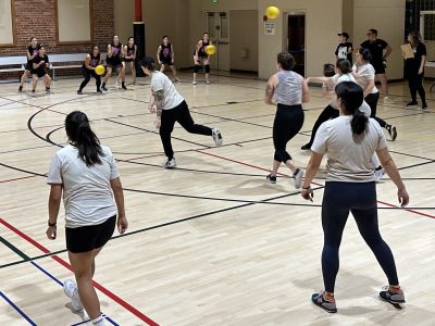 A group of dodgeball players with the She/They Dodgeball League playing at Mission Rec. Center.