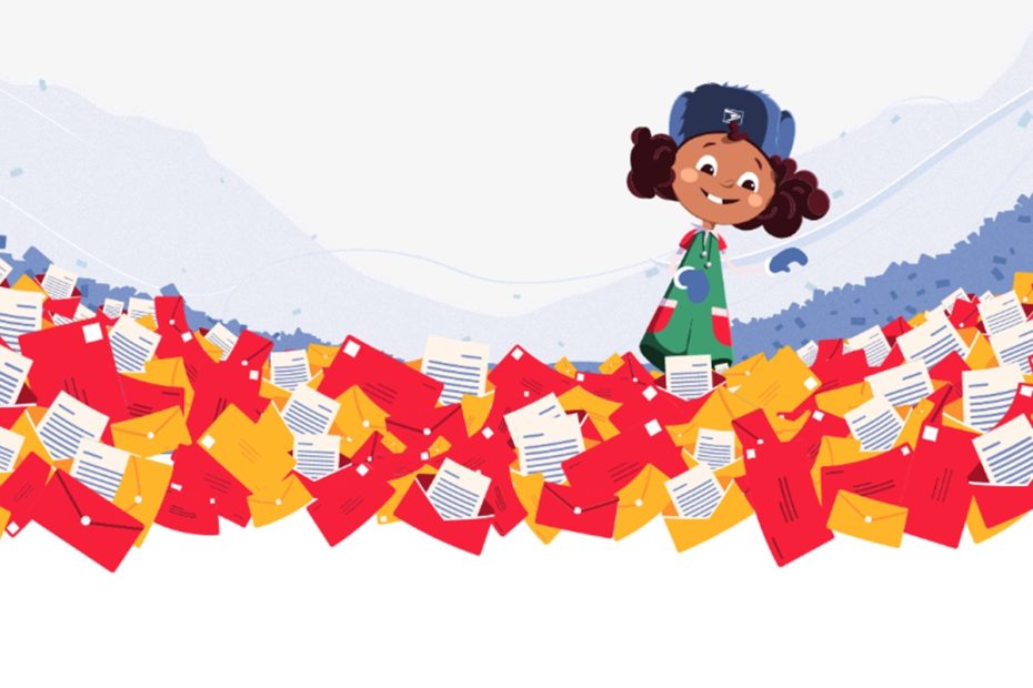 A girl standing in the middle of a pile of papers.