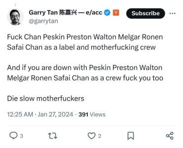 A post on X from Garry Tan wishing death upon San Francisco supervisors, reading: "Fuck Chan Peskin Preston Walton Melgar Ronen Safai Chan as a label and motherfucking crew ... And if you are down with Peskin Preston Walton Melgar Ronen Safai Chan as a crew fuck you too ... Die slow motherfuckers."