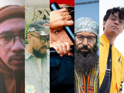 A collage of Asian-American rappers with beards and glasses.
