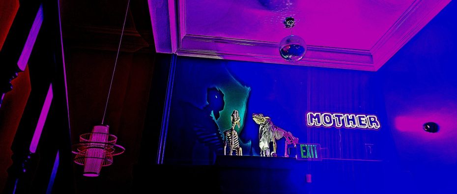 A giraffe in a room with purple lights.