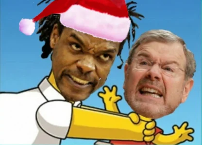 Homer choking Bart but with Latrell Sprewell's and PJ Carlissimo's heads. Sprewell wears a santa hat. For the ML Pop Culture Challenge.