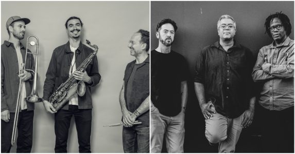 A black and white photo of a group of men with saxophones.