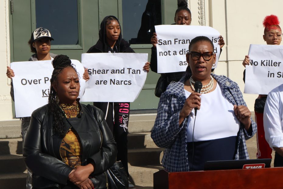 Geoffrea Morris speaks out against Proposition E at a press conference outside Y Combinator.